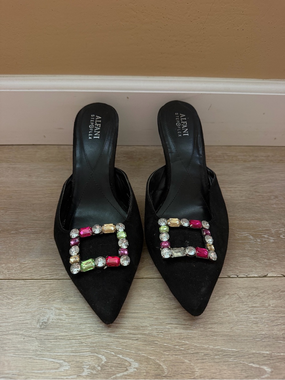 Alfani Black Pointed Jewel-Buckle Slip-On Mules